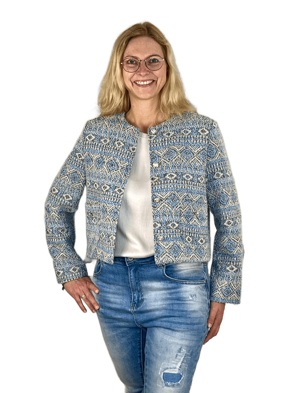 Kurzblazer Jacquard, blau-beige