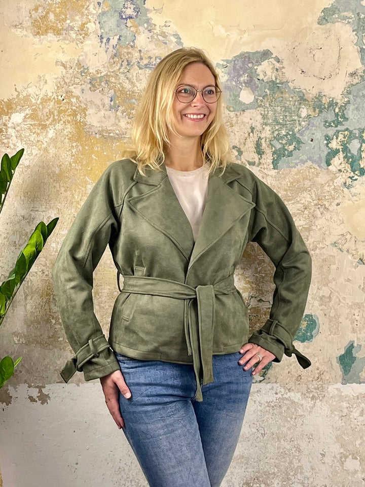 Kurz-Blazer aus Velourslederimitat mit Reverskragen, khaki