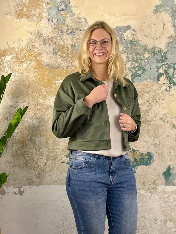 Velourslederimitat-Kurzjacke, khaki