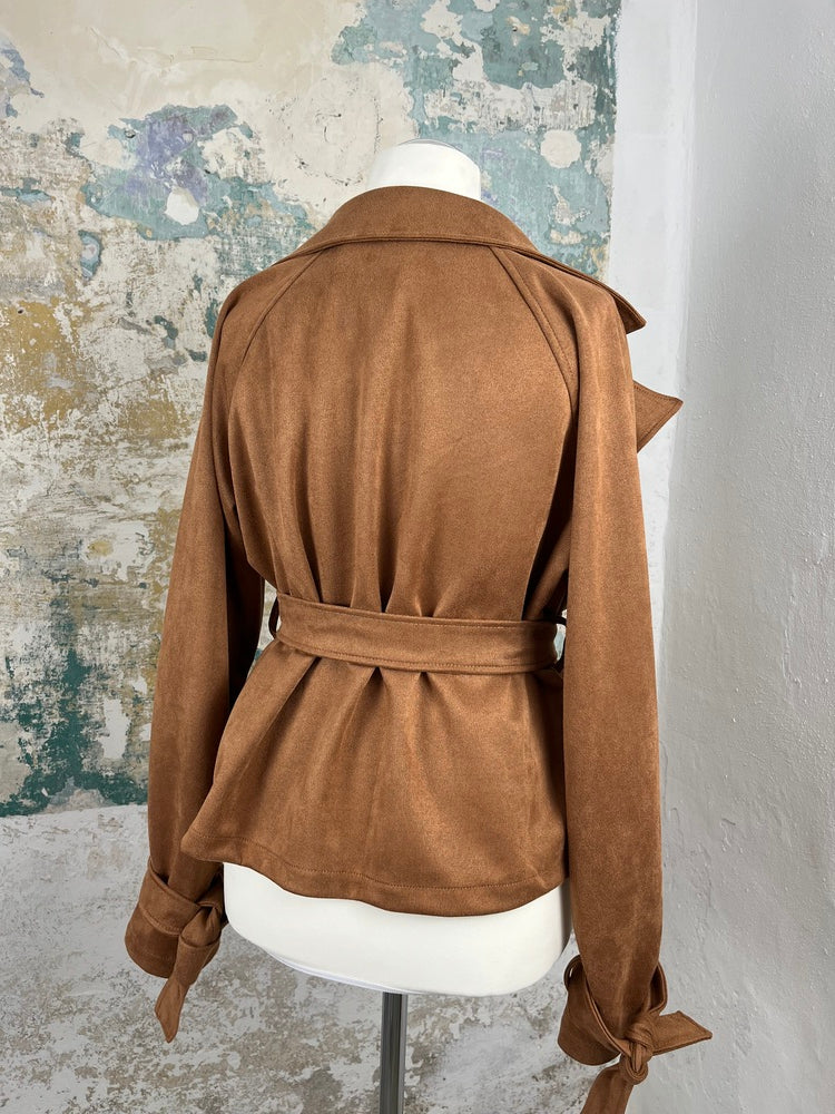 Kurz-Blazer aus Velourslederimitat mit Reverskragen, cognac