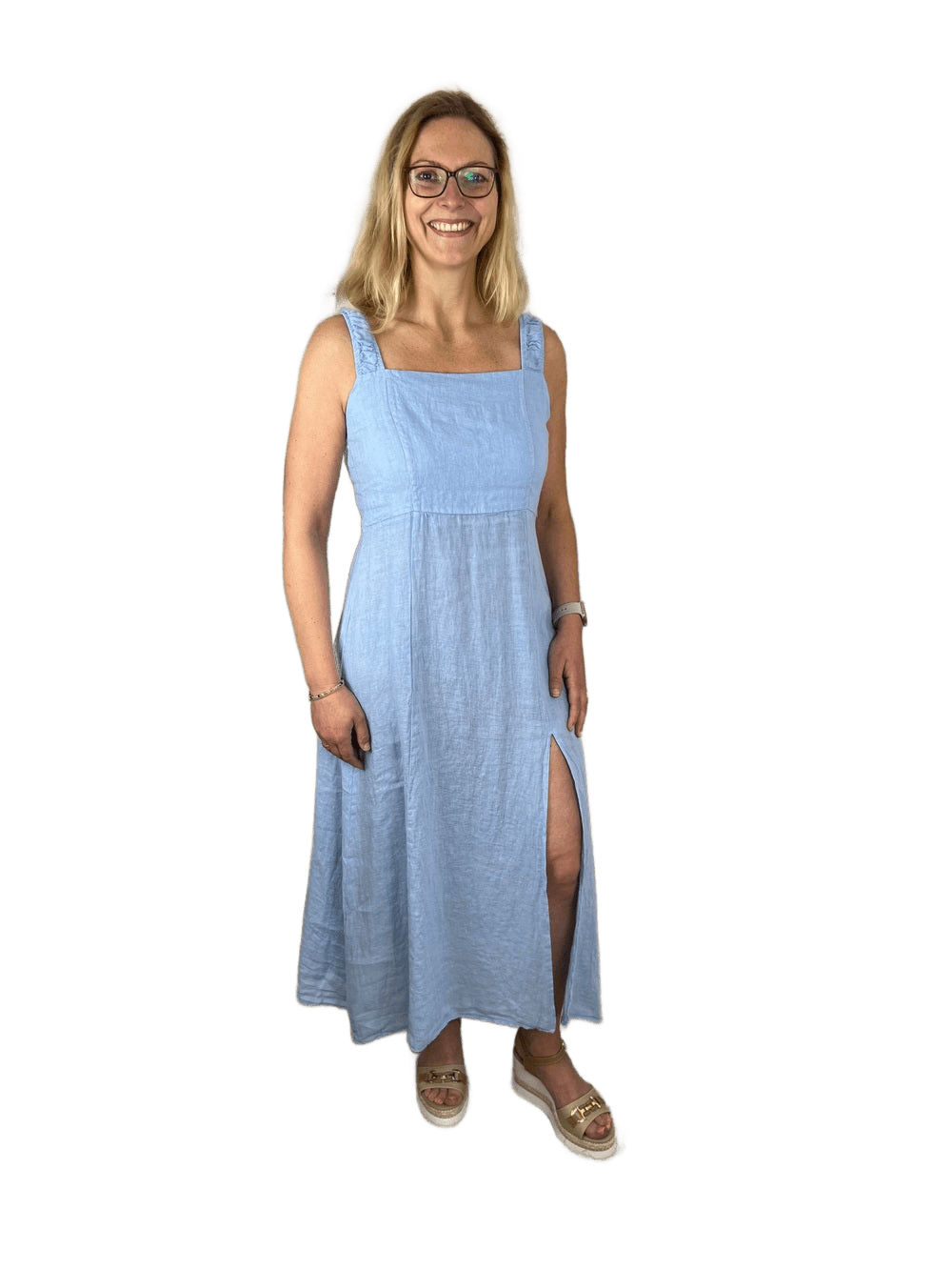 Leinen-Kleid mit Smok-Einsatz und langem Schlitz