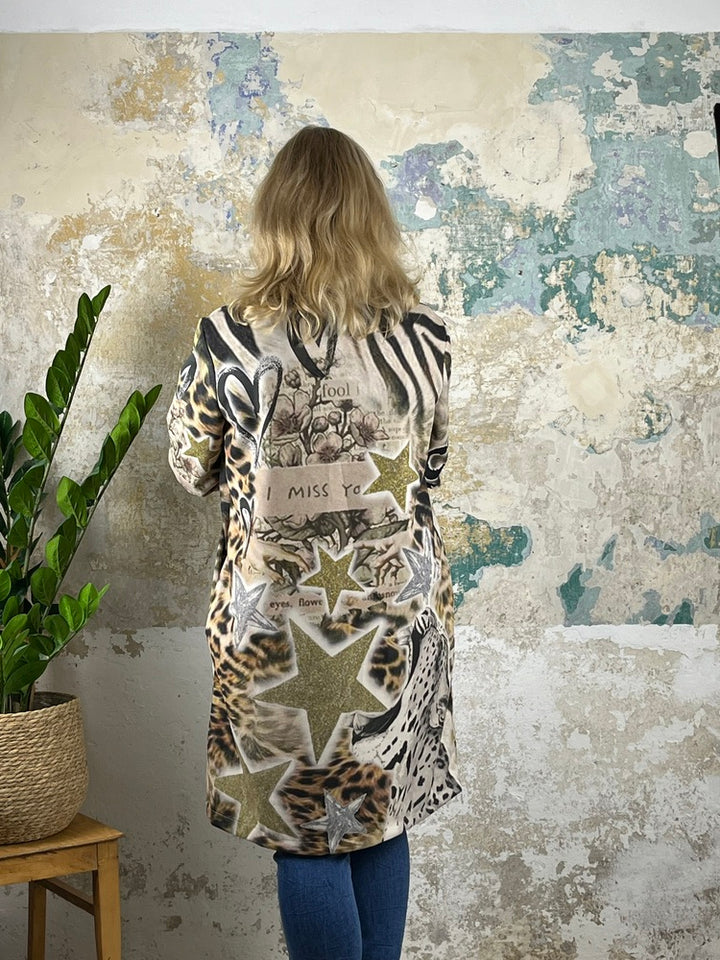 Velourslederimitat-Longblazer im Alloverdruck, beige