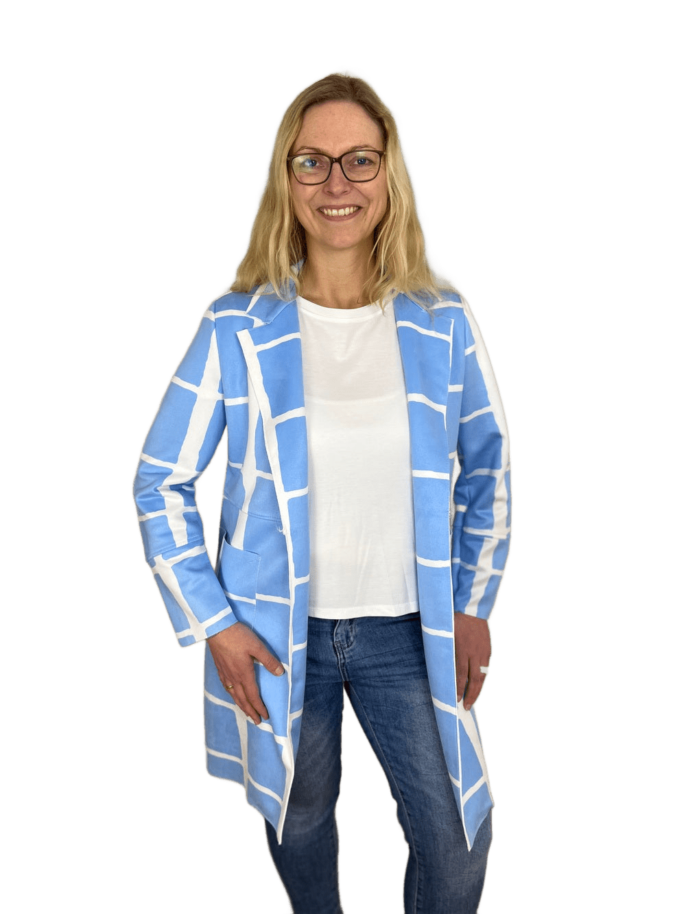 Longblazer in Velourslederimitat, hellblau-weiß