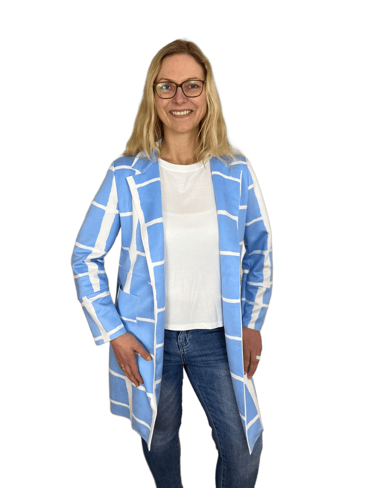Longblazer in Velourslederimitat, hellblau-weiß