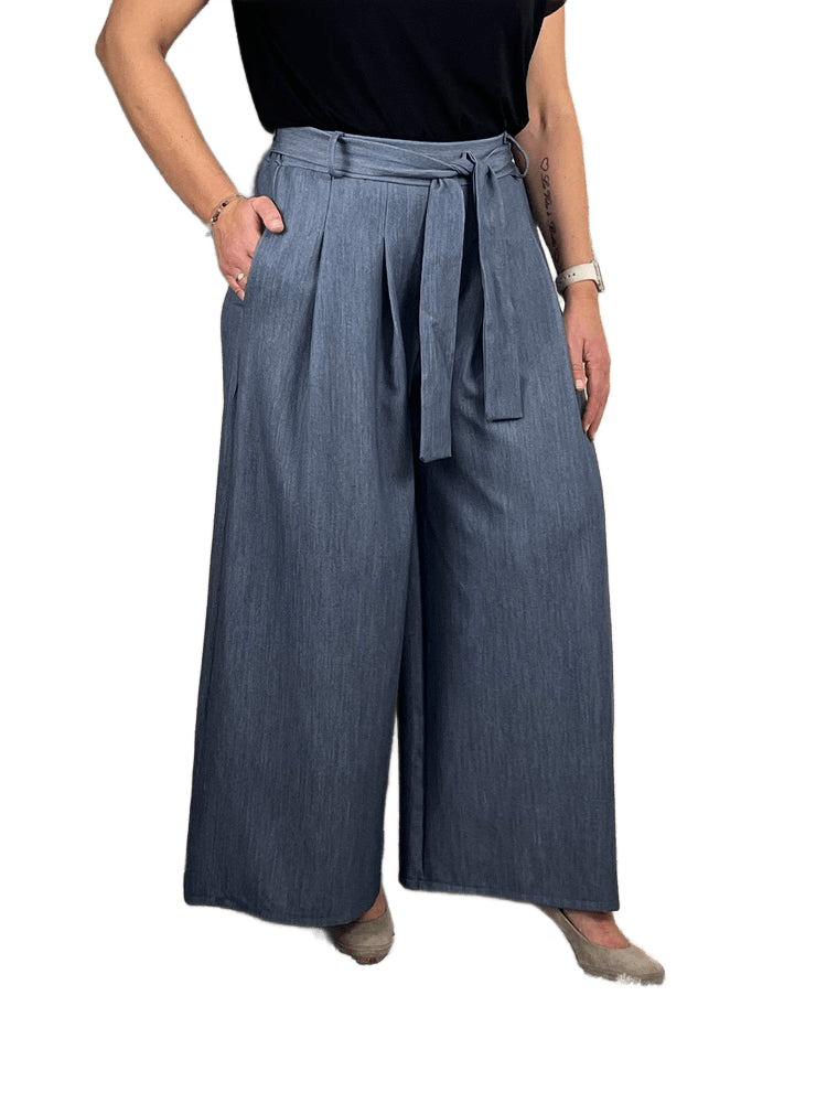 Marlenehose mit Bindegürtel und Dehnbund, jeansblau