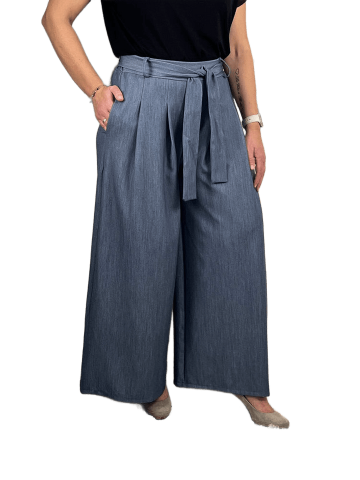 Marlenehose mit Bindegürtel und Dehnbund, jeansblau