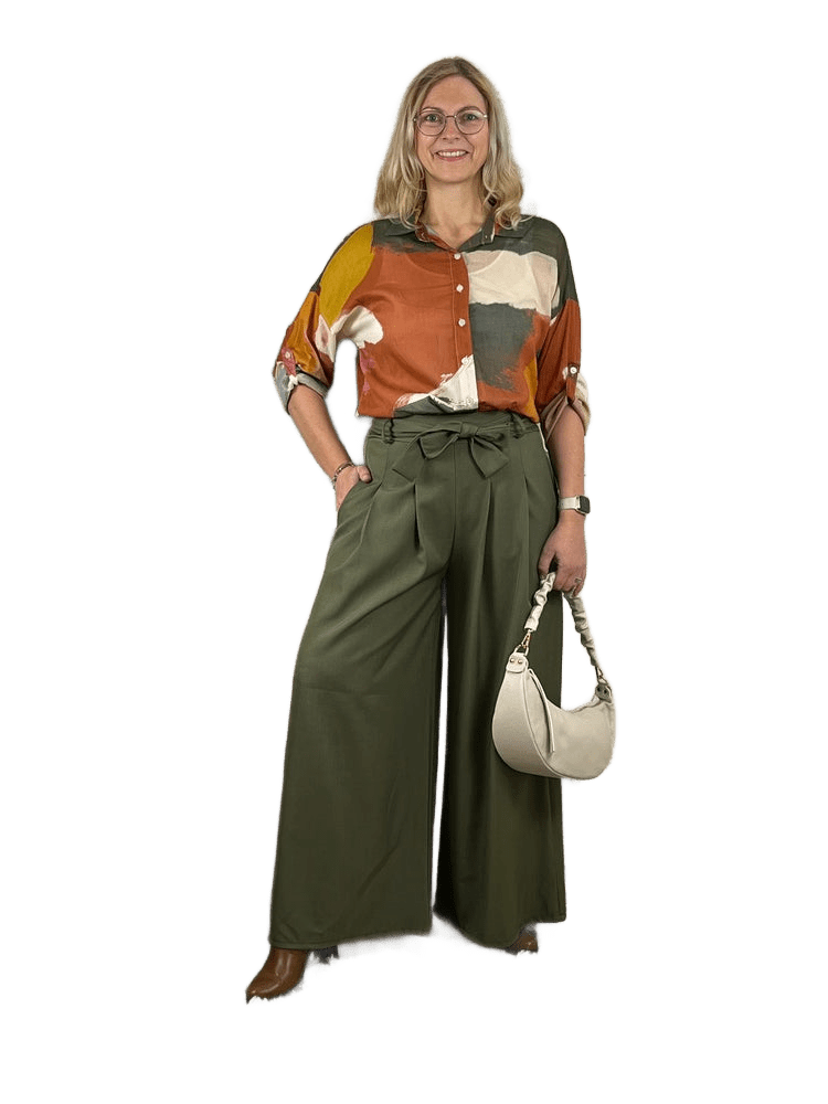 Marlenehose mit Bindegürtel und Dehnbund, khaki