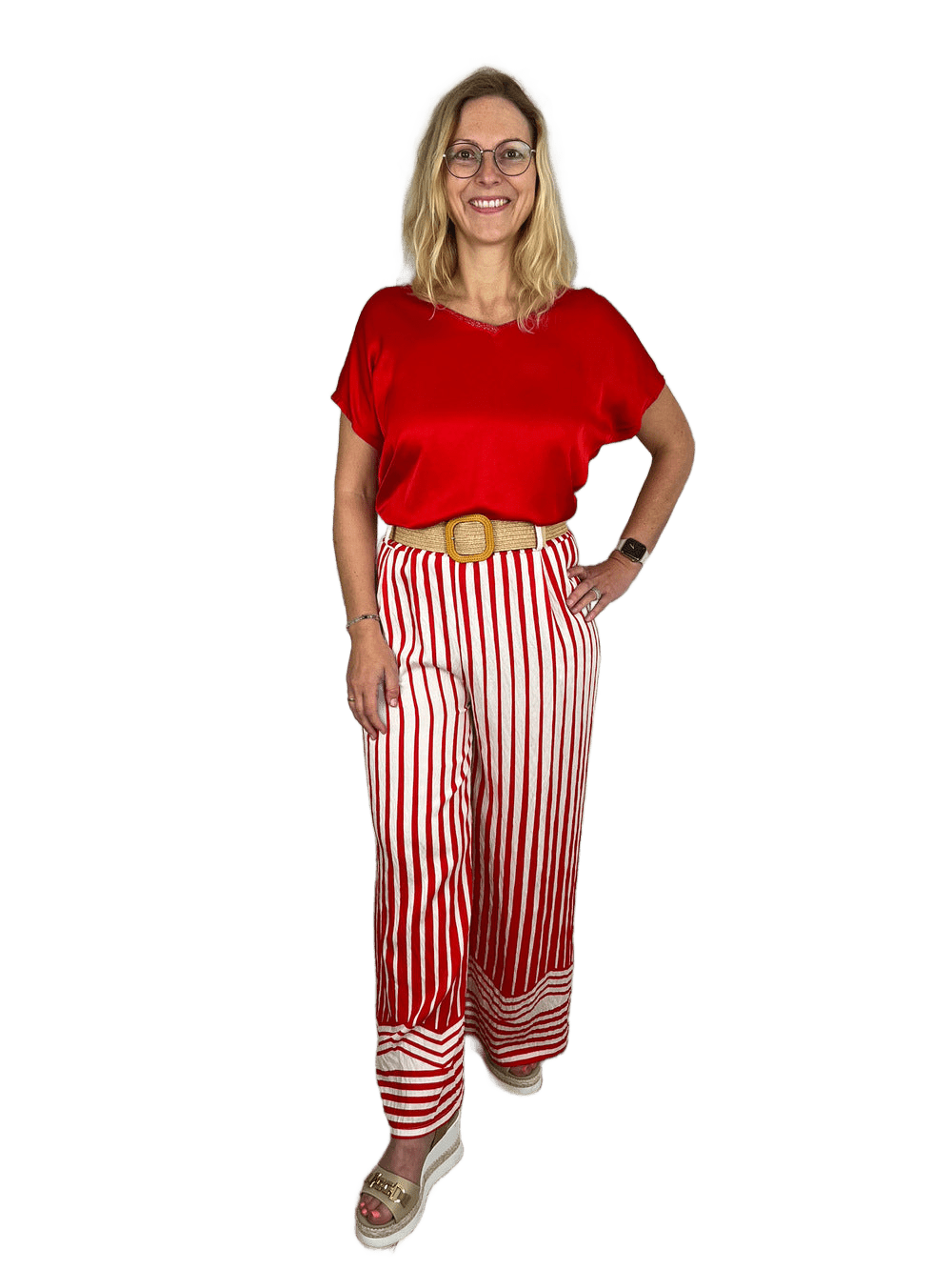 Marlenehose mit Streifendruck und Ziergürtel