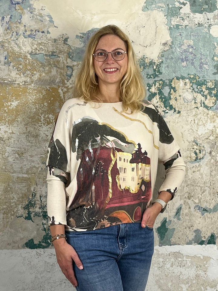 Pullover mit Fledermausarm und Aquarellprint, bordeaux
