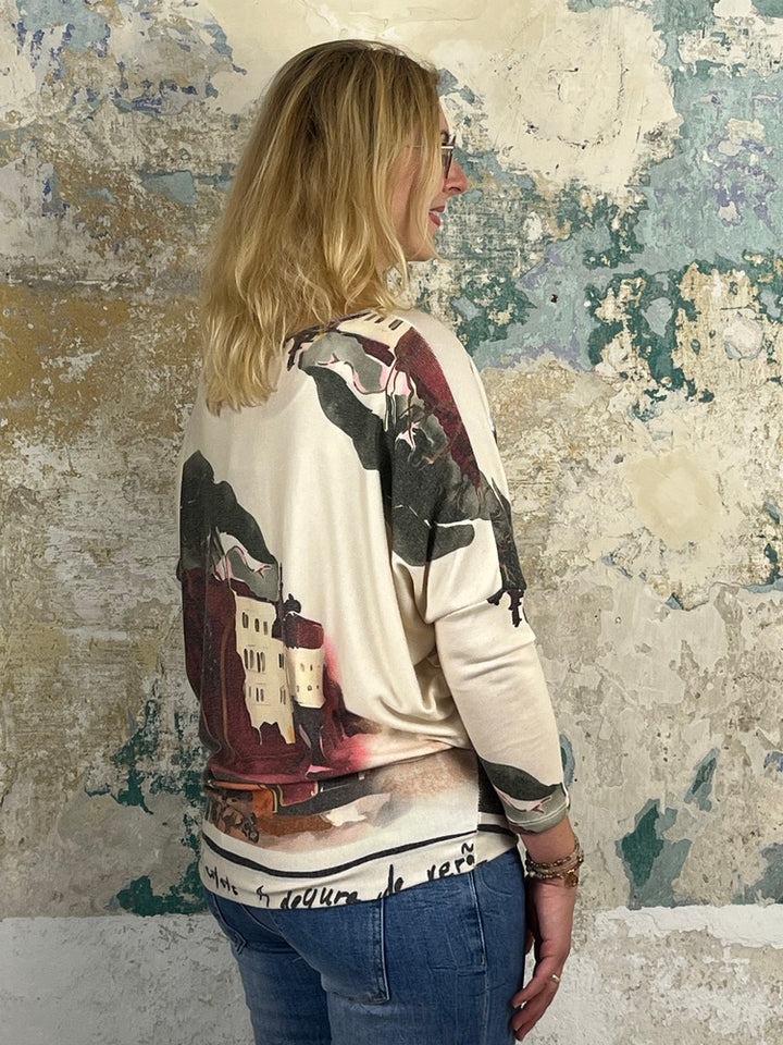 Pullover mit Fledermausarm und Aquarellprint, bordeaux