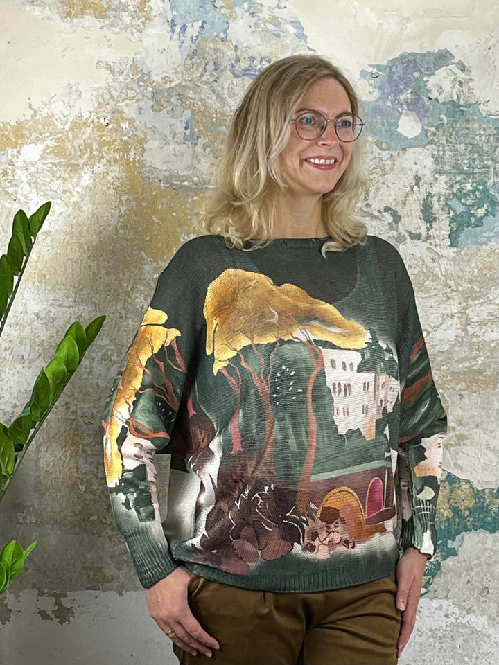 Pullover mit Fledermausarm im Aquarellprint, khaki