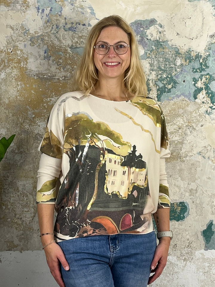 Pullover mit Fledermausarm und Aquarellprint, khaki
