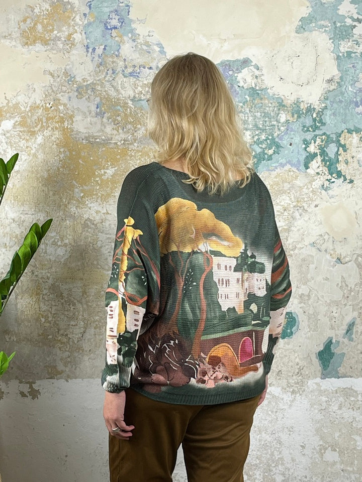 Pullover mit Fledermausarm im Aquarellprint, khaki