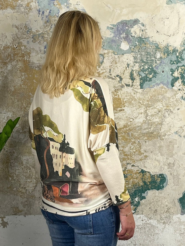 Pullover mit Fledermausarm und Aquarellprint, khaki