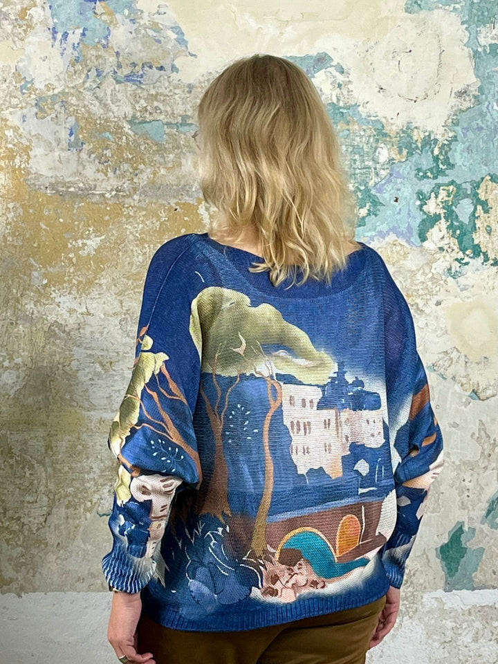 Pullover mit Fledermausarm im Aquarellprint, marine