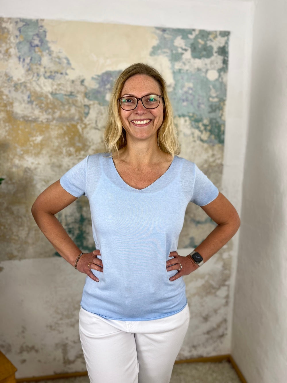 Basic-Sommerpullover mit V-Ausschnitt, Kurzarm