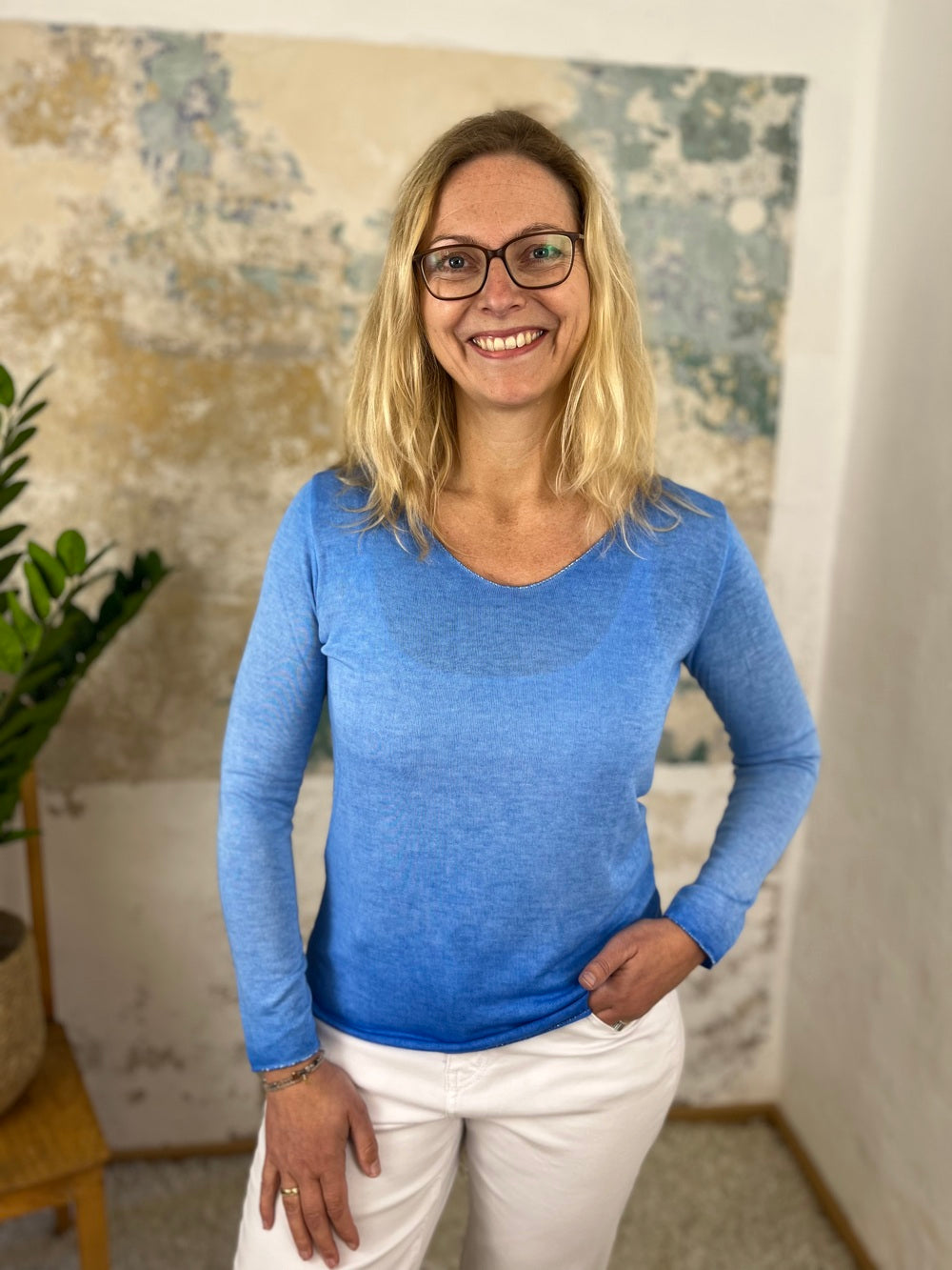 Basic-Sommerpullover mit V-Ausschnitt, Langarm