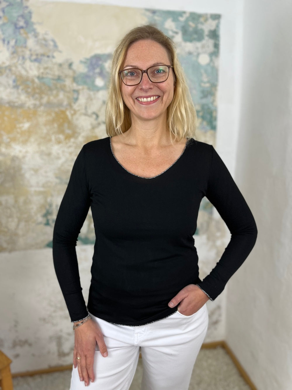 Basic-Sommerpullover mit V-Ausschnitt, Langarm