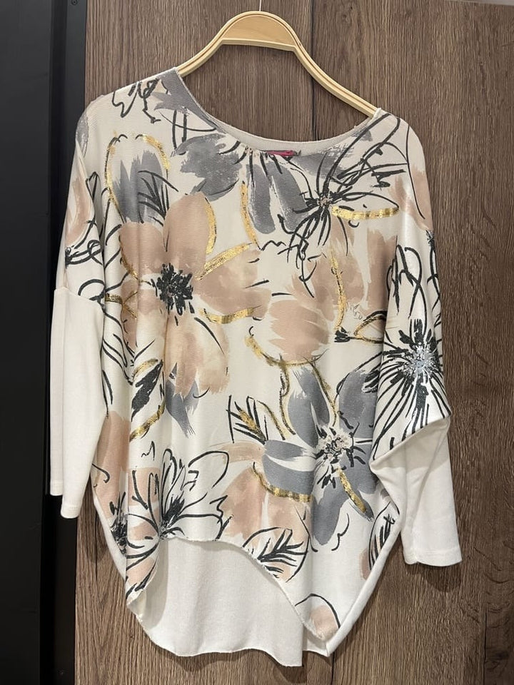 Pullover mit Fledermausarm und Blumen-/Metallicdruck