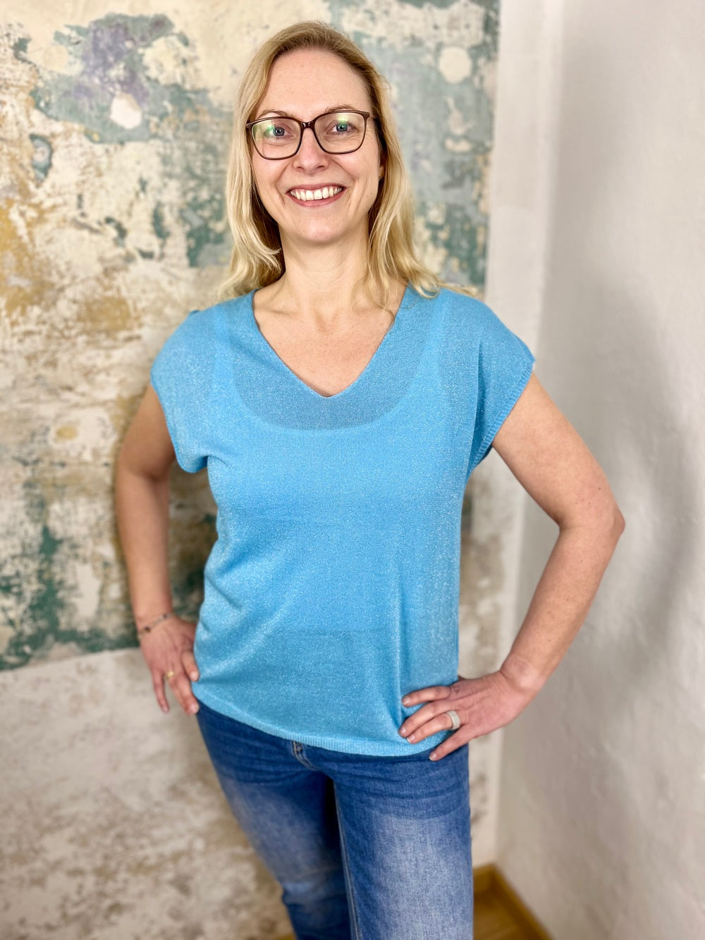 Lurex-Pullover, Kurzarm