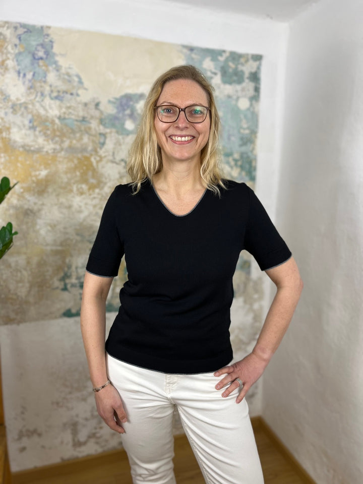 Kurzarm-Pullover mit Lurex-Rollkante