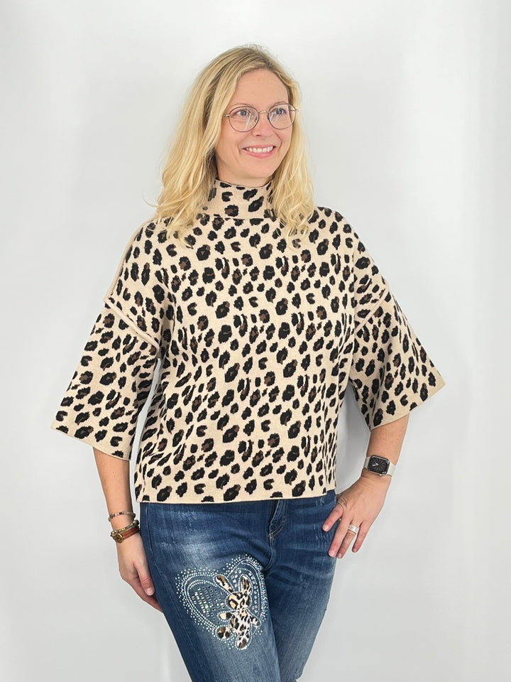Pullover mit Leomuster, beige-schwarz