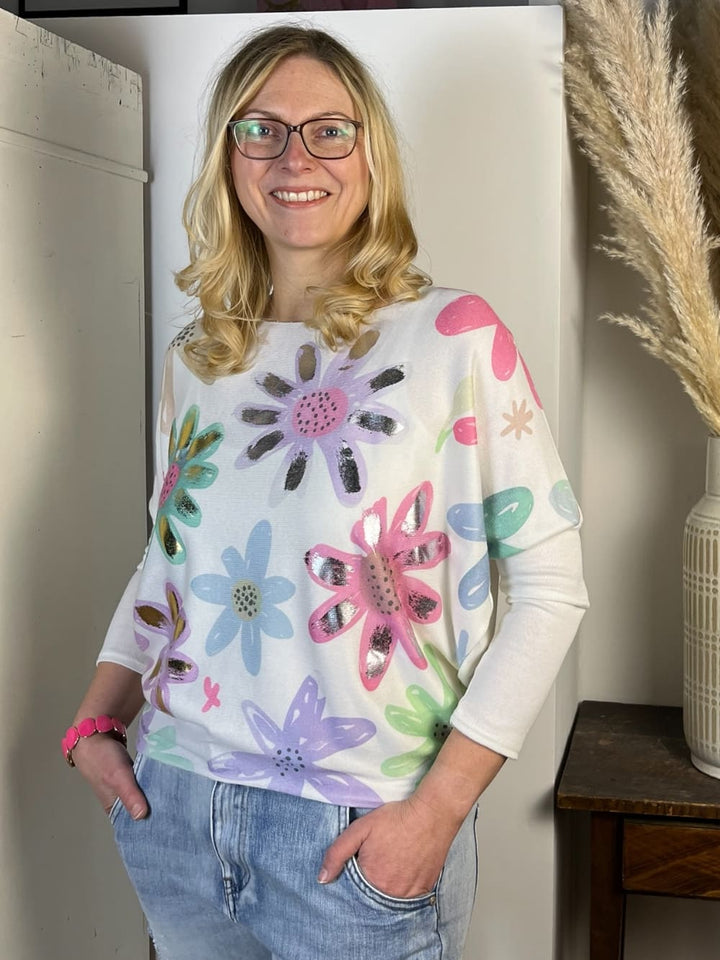 Pullover mit Fledermausarm und Blumen-/Metallicdruck
