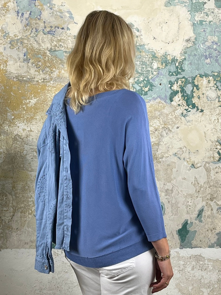Pullover mit U-Boot-Ausschnitt und 3/4-Arm, jeansblau