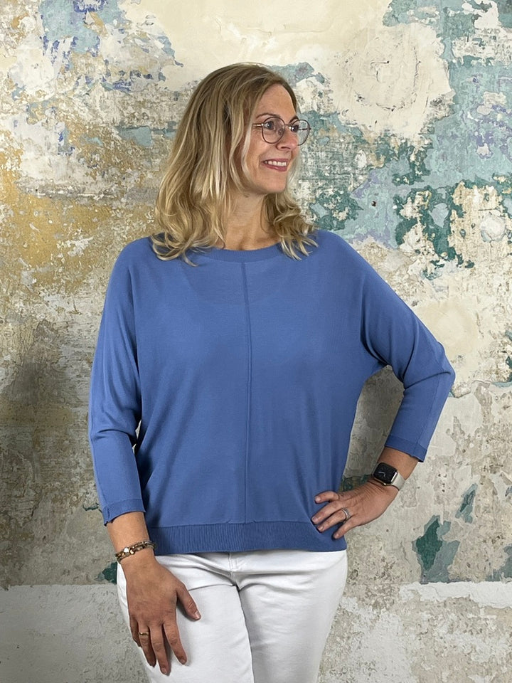 Pullover mit U-Boot-Ausschnitt und 3/4-Arm, jeansblau