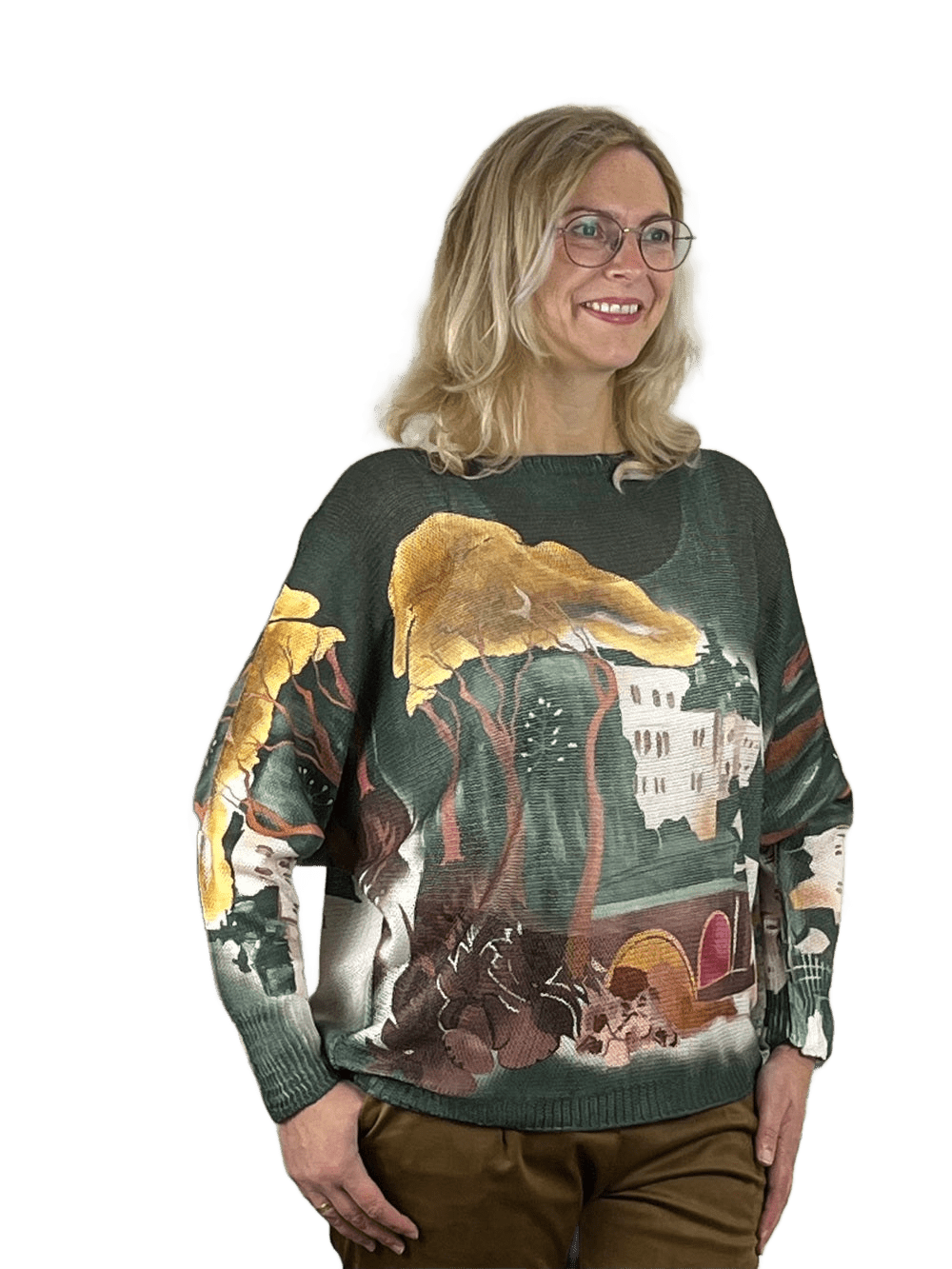 Pullover mit Fledermausarm im Aquarellprint, khaki