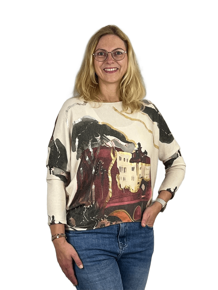 Pullover mit Fledermausarm und Aquarellprint, bordeaux