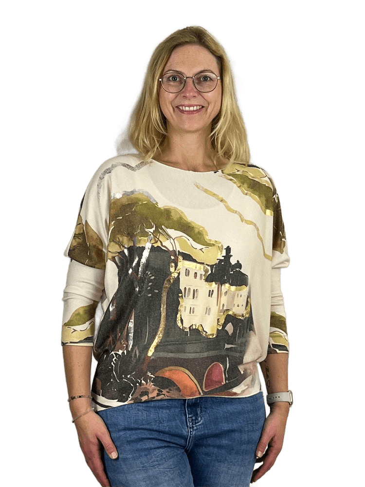 Pullover mit Fledermausarm und Aquarellprint, khaki