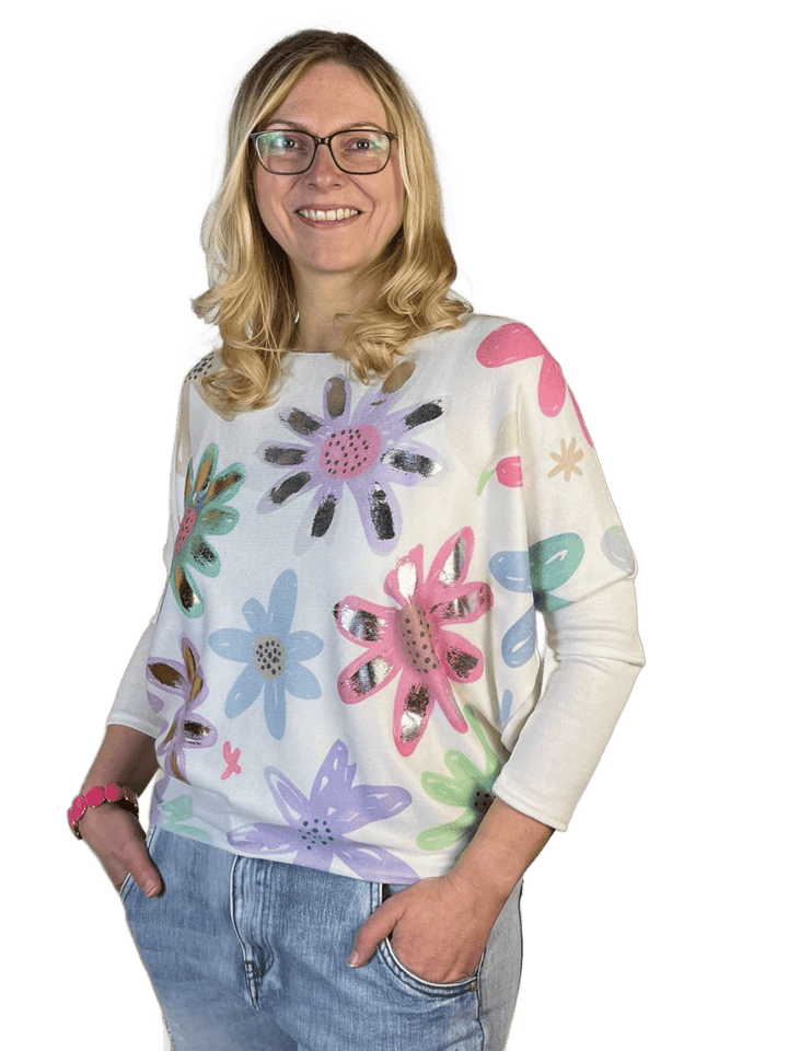 Pullover mit Fledermausarm und Blumen-/Metallicdruck
