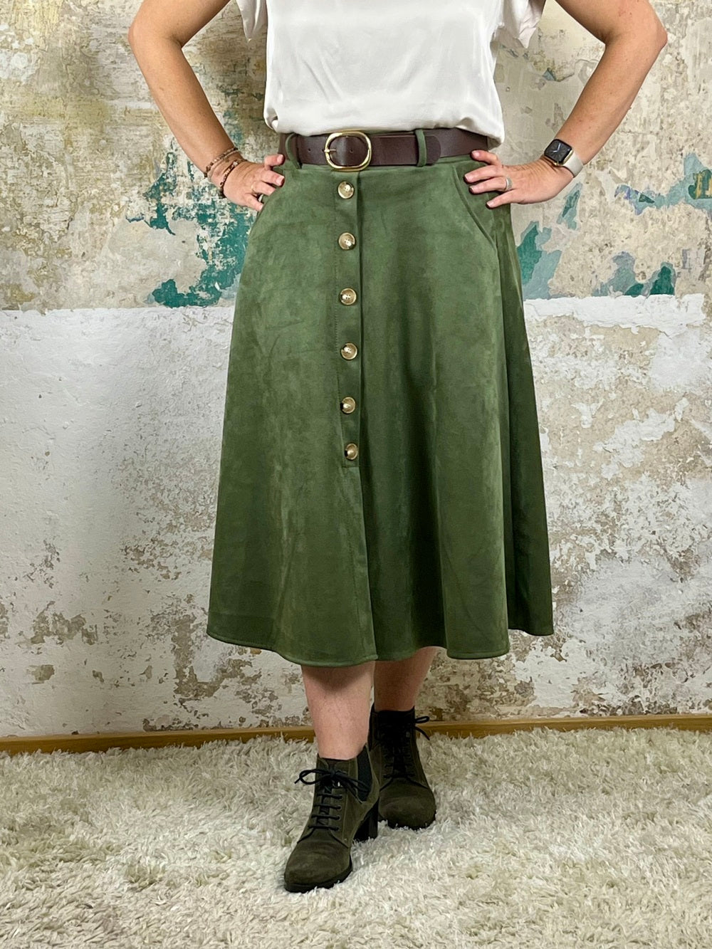 Velourslederimitat-Rock in A-Linie, khaki