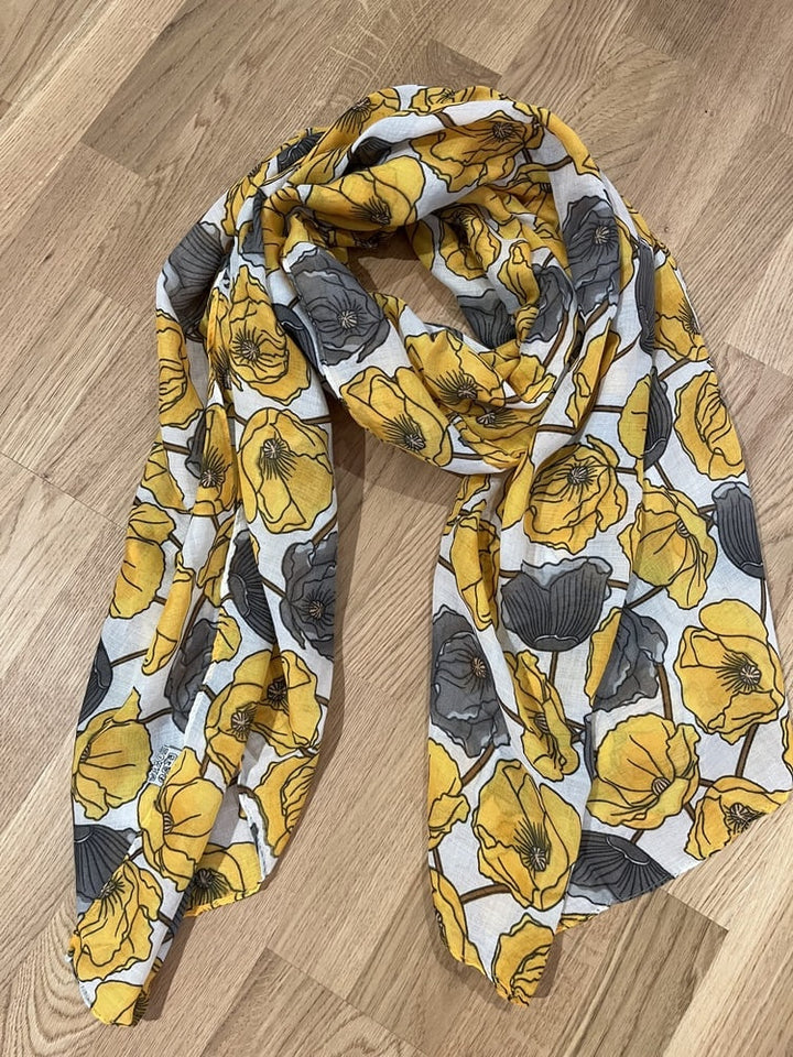 Sommerschal aus Viskose, floral, gelb-grau