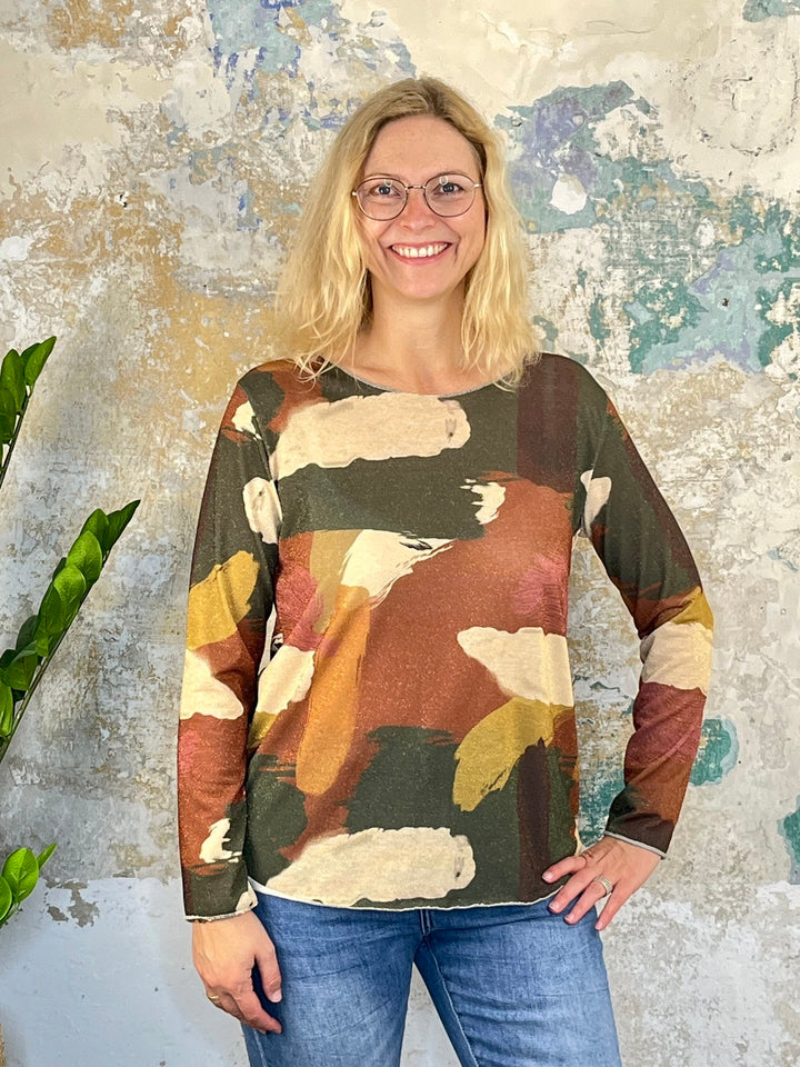 Shirt mit grafischem Druck und Glitzeroptik, rostrot
