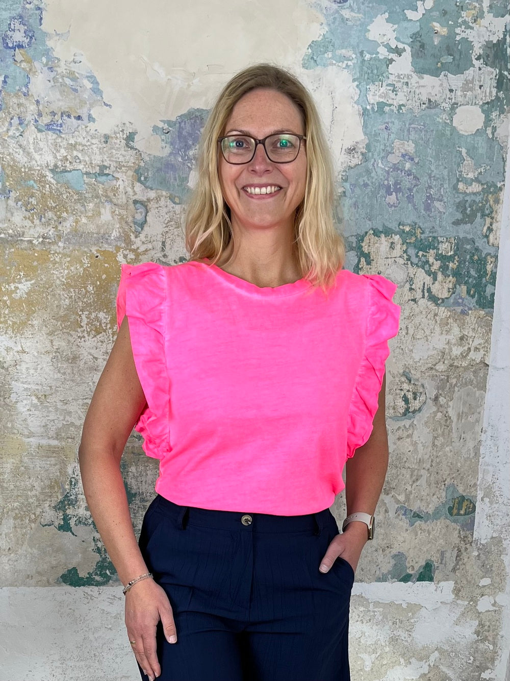 Shirt mit Rüschen am Arm, Neon