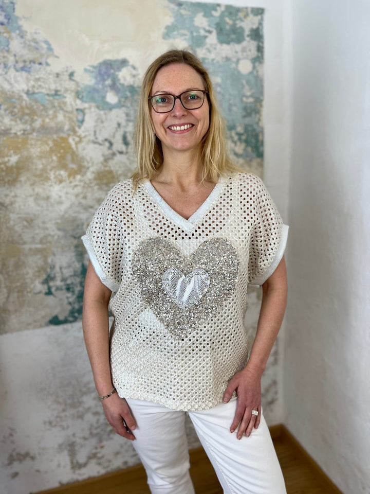 Shirt Netzoptik mit Herzapplikation, ecru