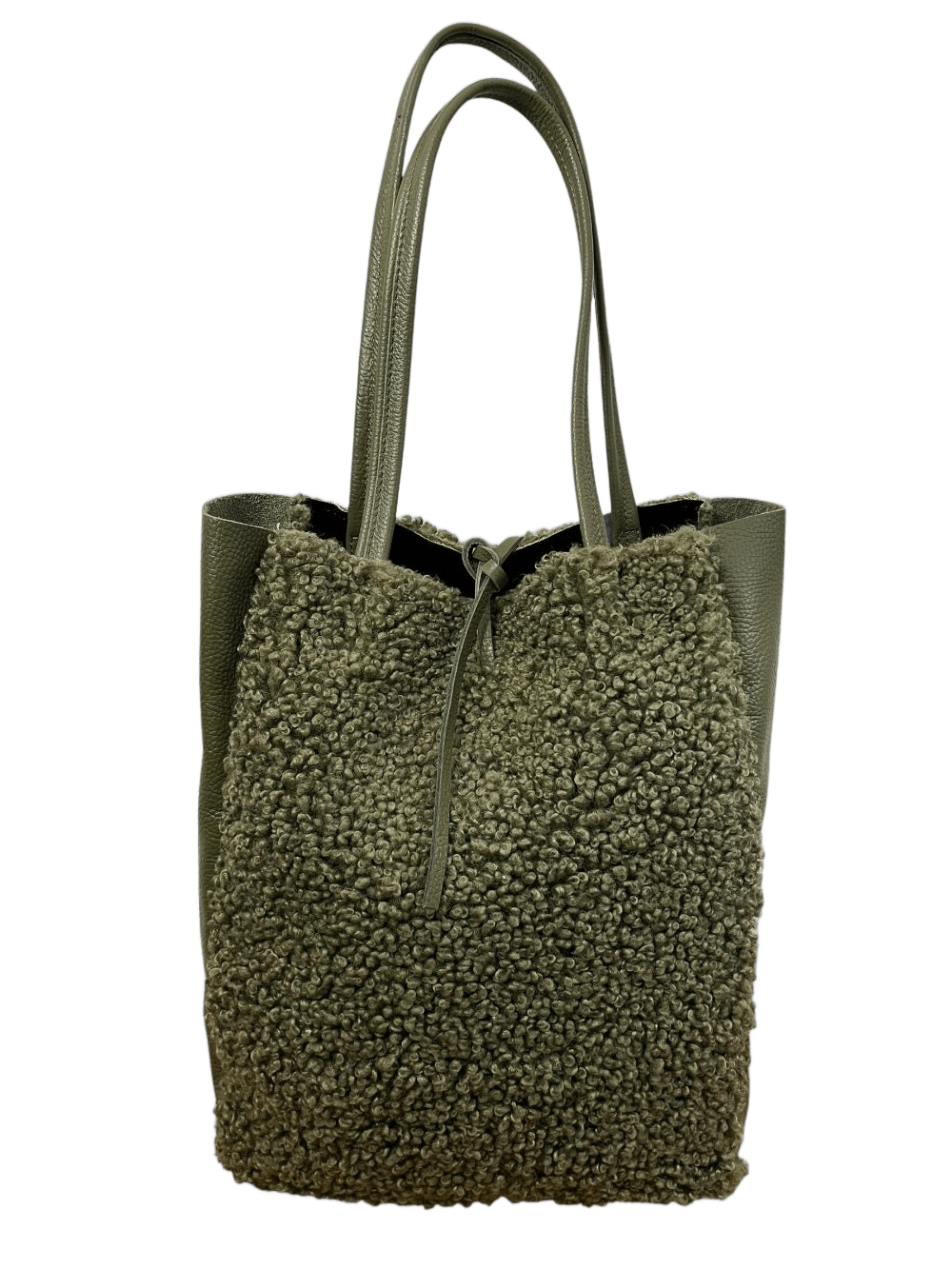 Shopper aus Echtleder mit Fellbesätzen, khaki