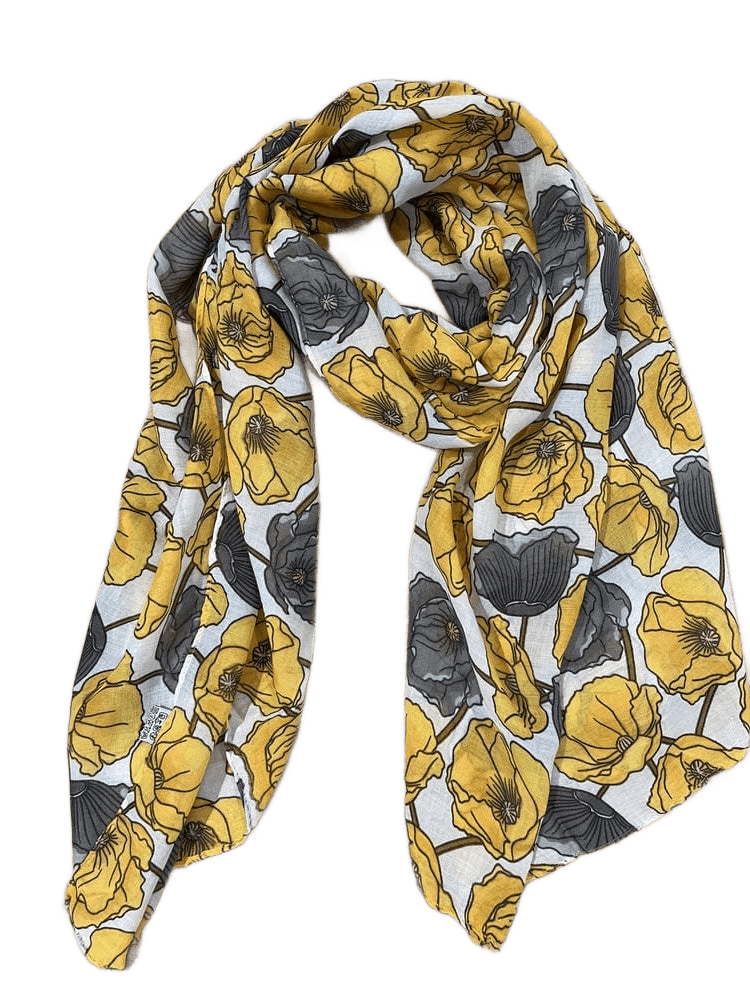 Sommerschal aus Viskose, floral, gelb-grau