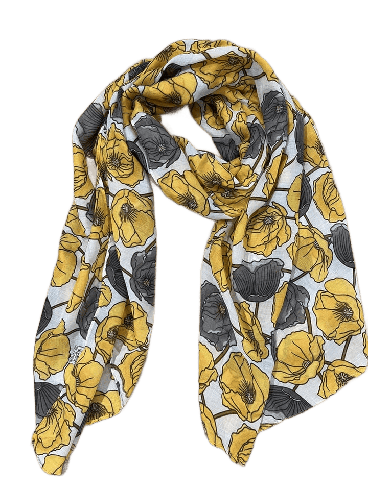 Sommerschal aus Viskose, floral, gelb-grau