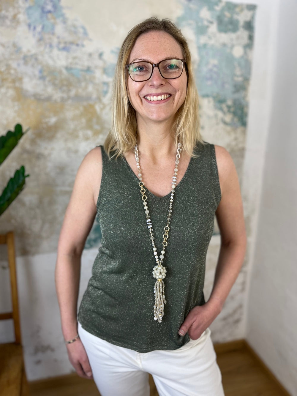 Lurex-Stricktop mit V-Ausschnitt vorne und hinten von Bella Vita - Mode & Lifestyle