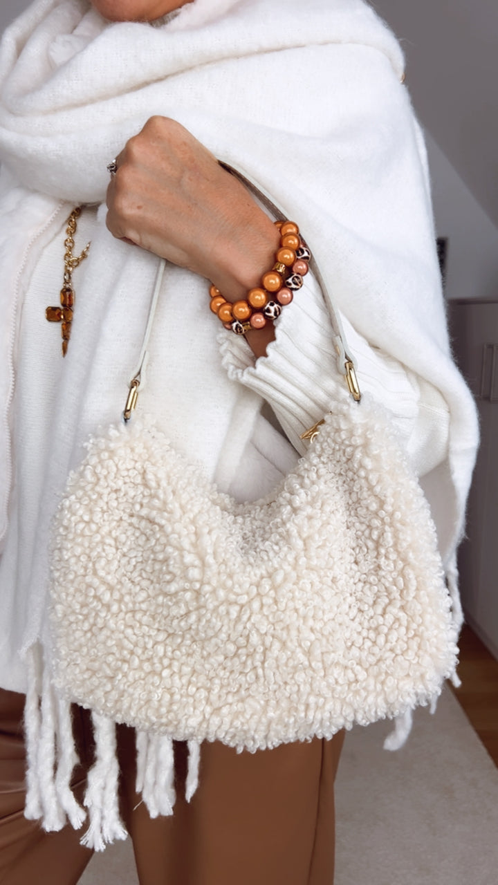 Halbmondtasche mit Fellimitat, ecru von Bella Vita - Mode & Lifestyle