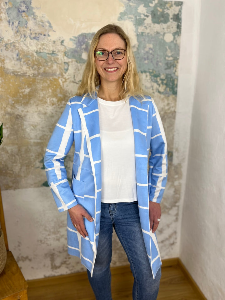 Longblazer in Velourslederimitat, hellblau-weiß