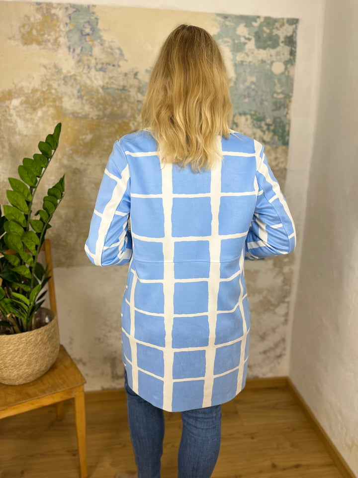 Longblazer in Velourslederimitat, hellblau-weiß