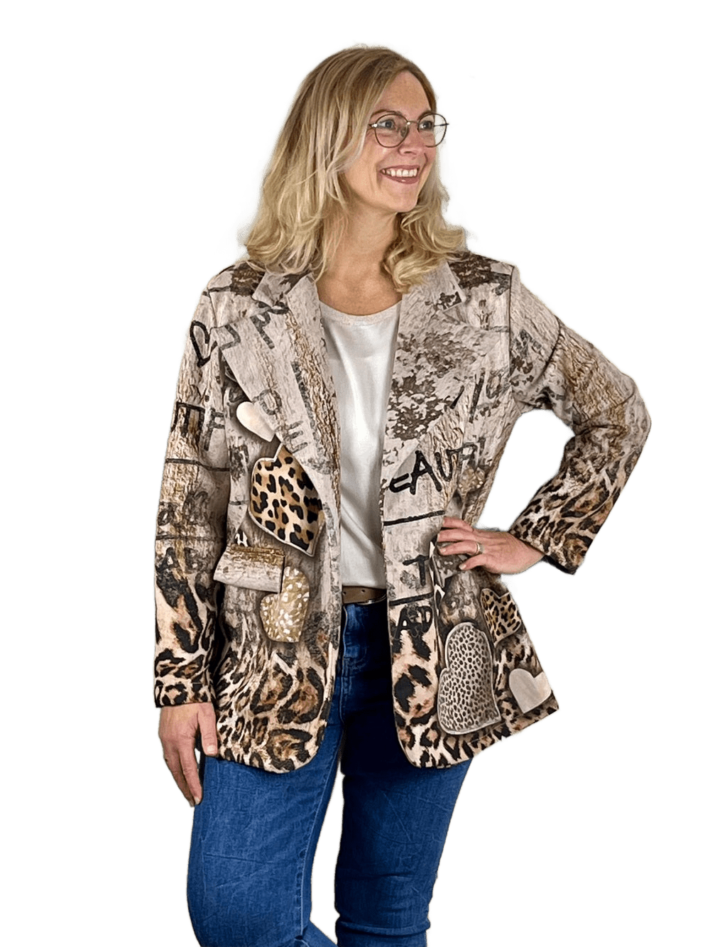 Velourslederimitat-Blazer im Alloverdruck, beige