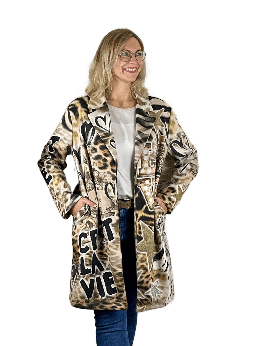 Velourslederimitat-Longblazer im Alloverdruck, beige