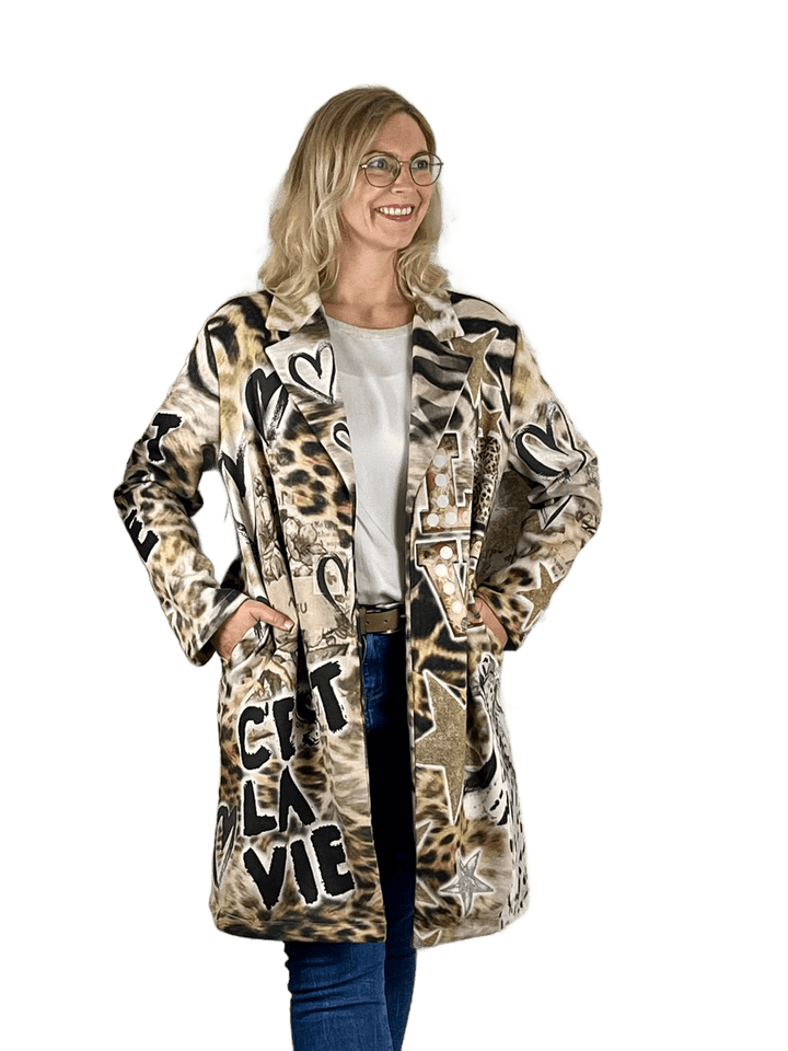 Velourslederimitat-Longblazer im Alloverdruck, beige