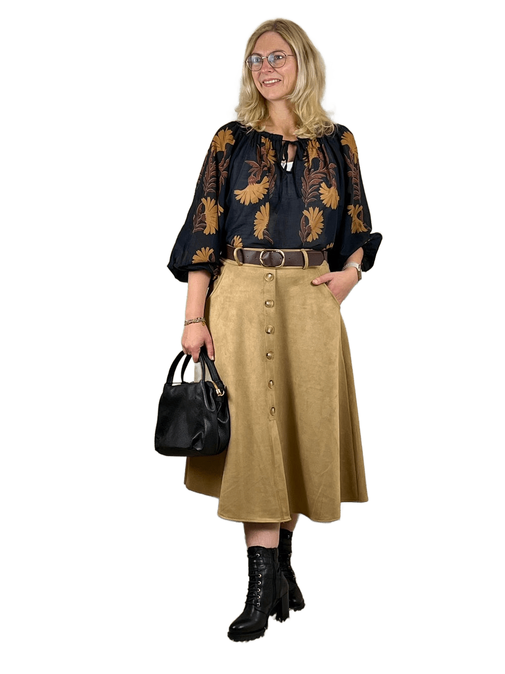 Velourslederimitat-Rock in A-Linie, beige