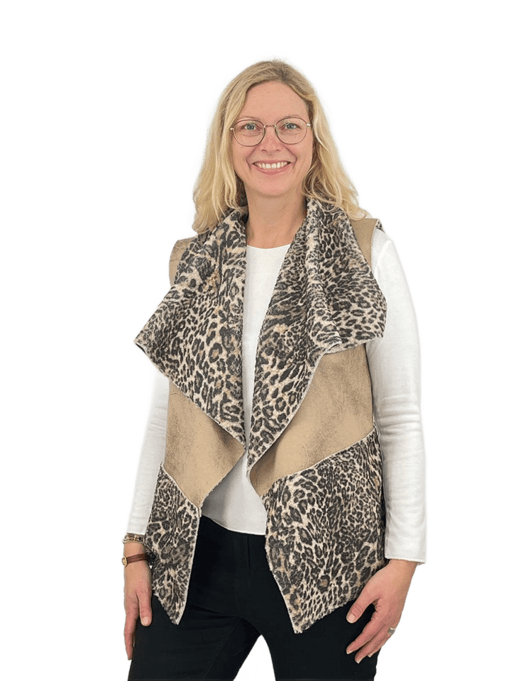 Weste mit Fellimitat und Leoprint, versch. Farben